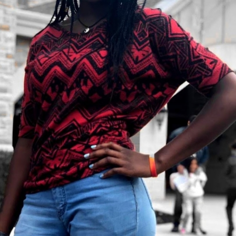 A red and black patterned shirt